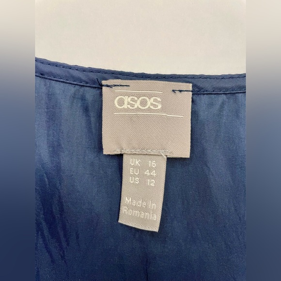 ASOS Design Wrap Front Smock Mini Dress in Navy Blue Taffeta, Size 12 - Picture 5 of 10